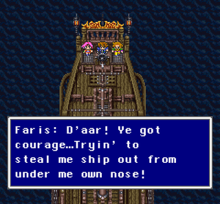 In the PS1 translation of Final Fantasy V, main character Faris insisted on speaking like a pirate for the entire game. Image via LPArchive.org